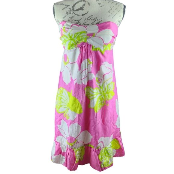 Lilly Pulitzer Blair‎ Silk Dress strapless Ruffle hem in Hot Pink size 6 Small - Picture 1 of 12